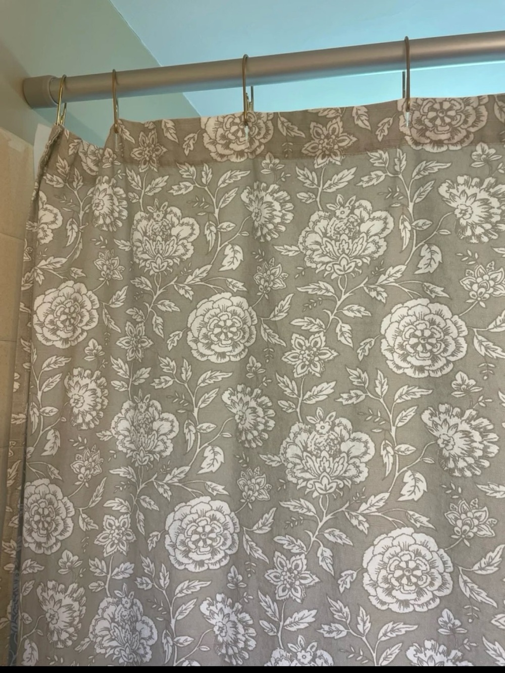 Taupe Floral Shower Curtain with White Print - Neutral Bathroom Accent